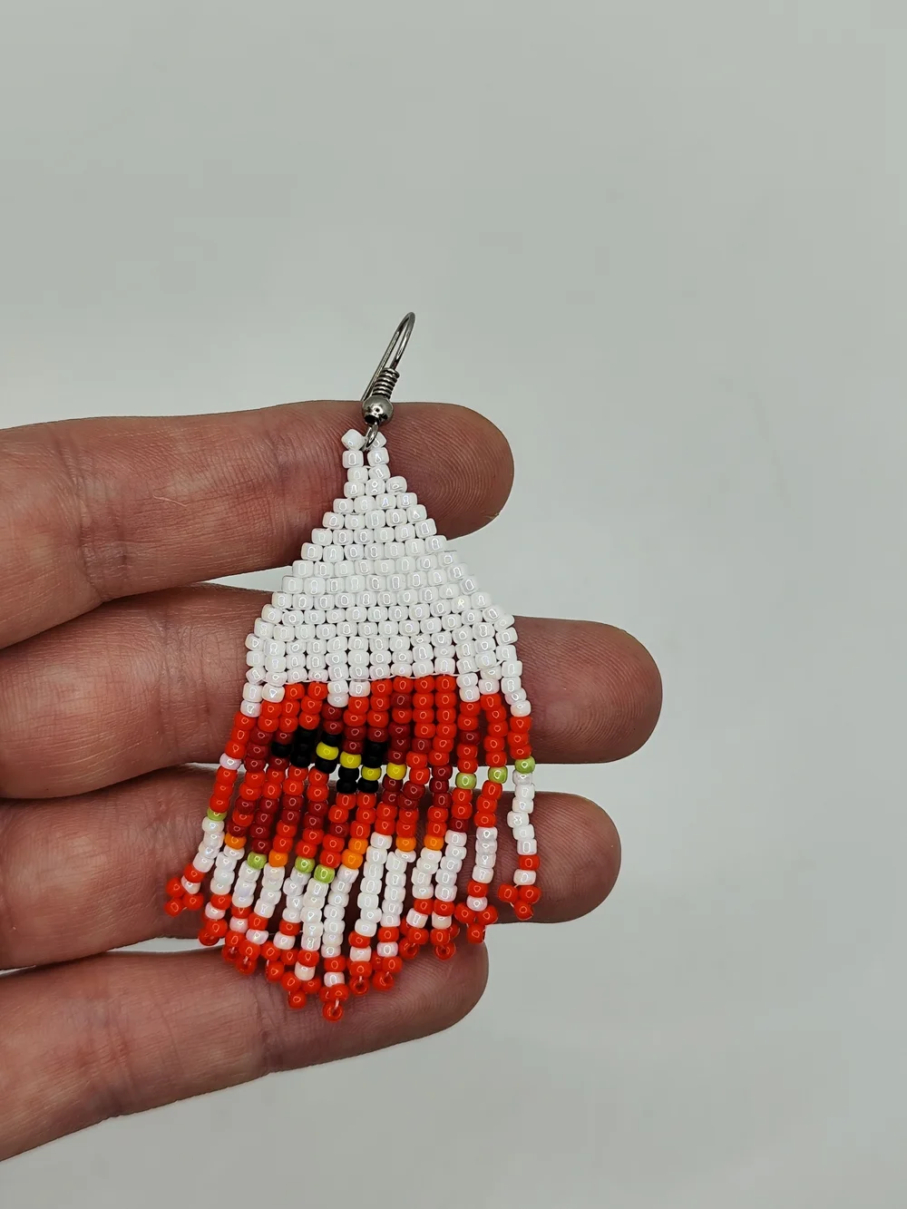 White & Red Beaded Floral Dangle Earrings